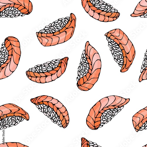 Salmon Nigiri Sushi, Ikura Sushi Pattern. For Seafood Menu. Ink Vector Illustration Isolated On a White Background Doodle Cartoon Vintage Hand Drawn Sketch.