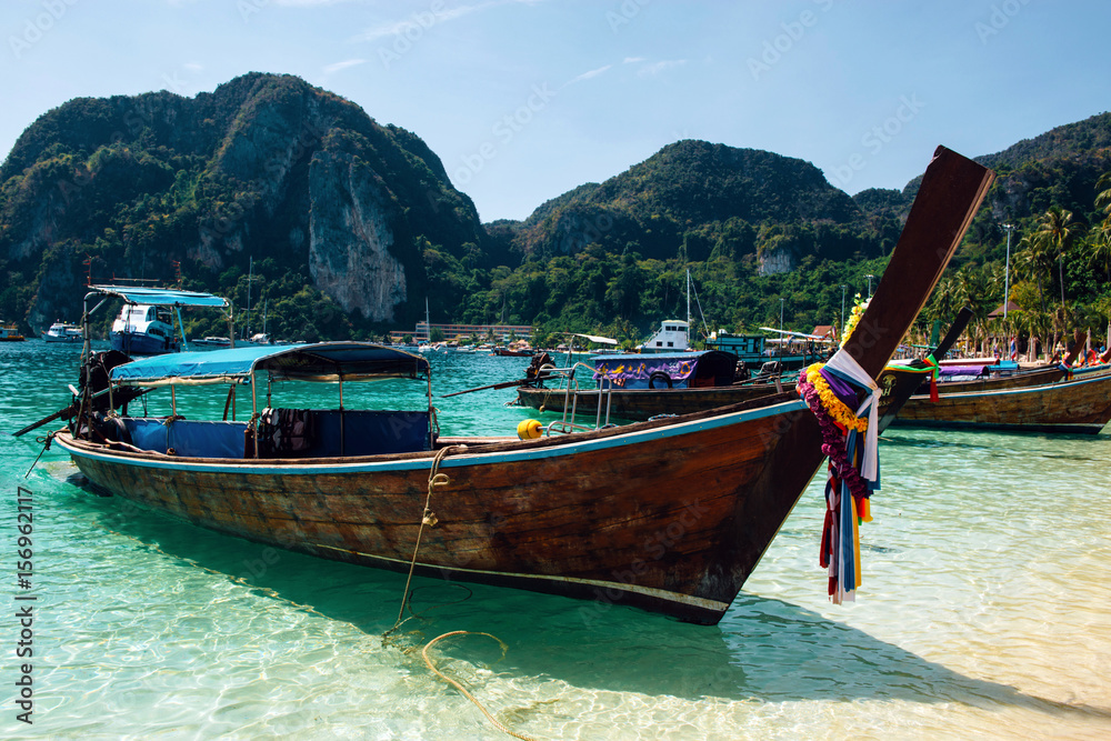 Long tail boat on the beach in Koh Phi Phi, Thailand