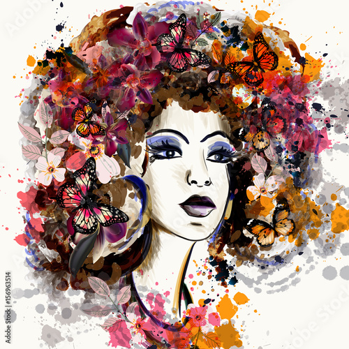 Beautiful fashion illustration in watercolor style with portrait of a girl