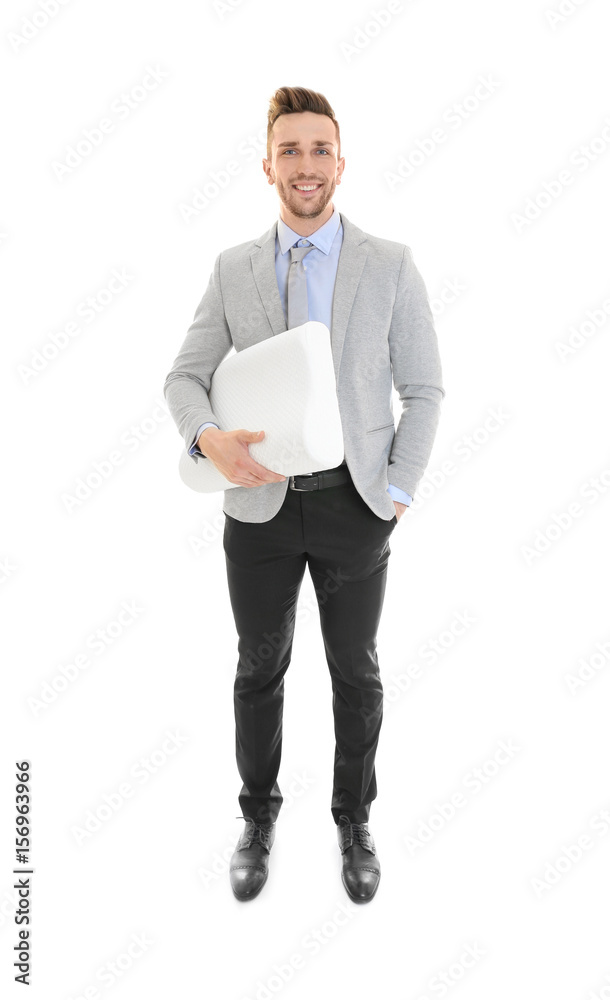 Young man with orthopedic pillow on white background. Healthy posture concept Young man with orthopedic pillow on white background. Healthy posture concept
