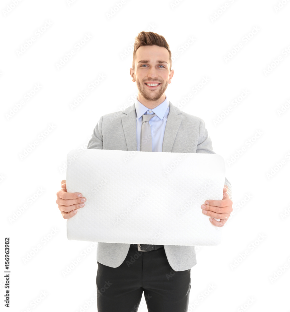 Young man with orthopedic pillow on white background. Healthy posture concept Young man with orthopedic pillow on white background. Healthy posture concept