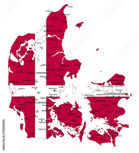 Denmark highly detailed political map with national flag.