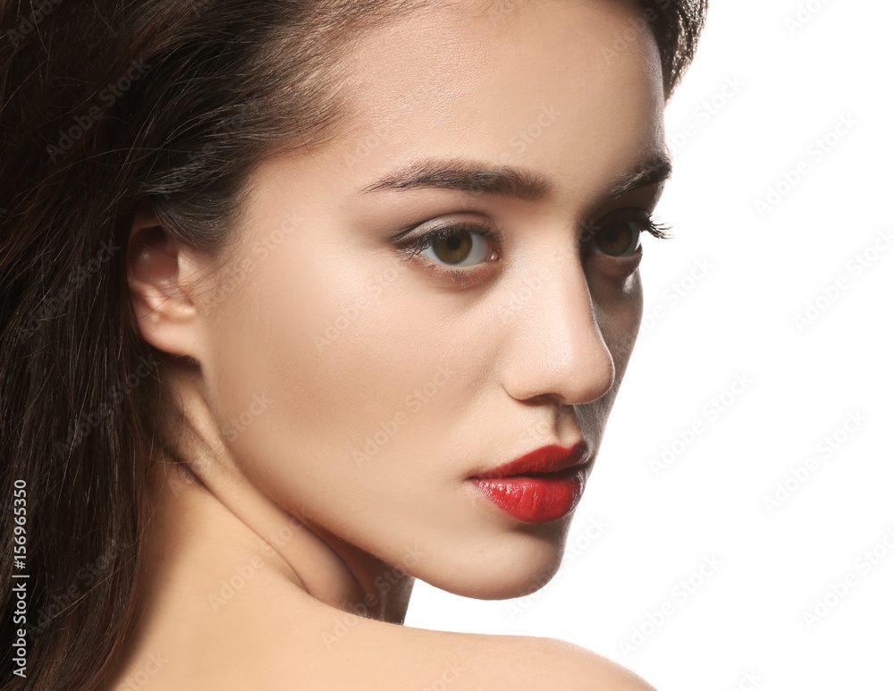 Portrait of beautiful woman with red lips on white background Portrait of beautiful woman with red lips on white background