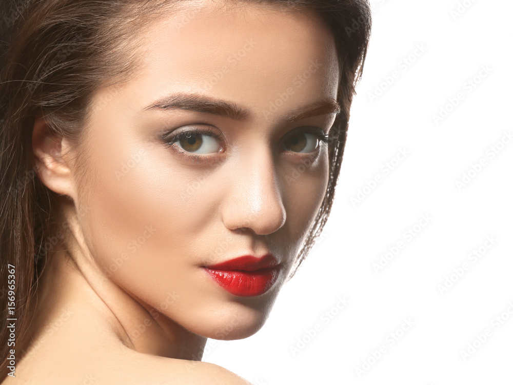 Portrait of beautiful woman with red lips on white background Portrait of beautiful woman with red lips on white background