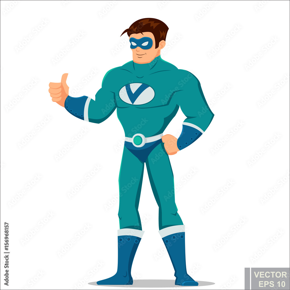 brave masculine cartoon man in comic book superhero costume Super Male Hero. Defender protector Vector illustration eps10
