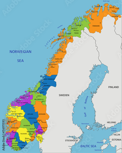 Colorful Norway political map with clearly labeled, separated layers. Vector illustration.
