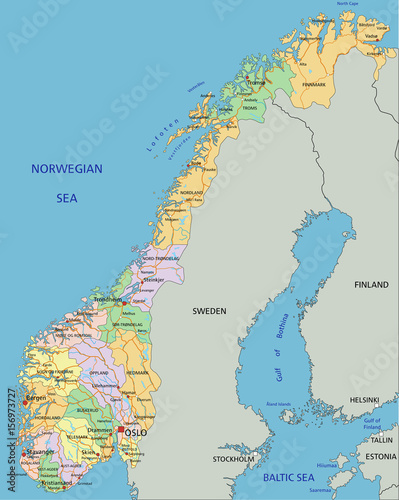 Norway - Highly detailed editable political map with labeling.