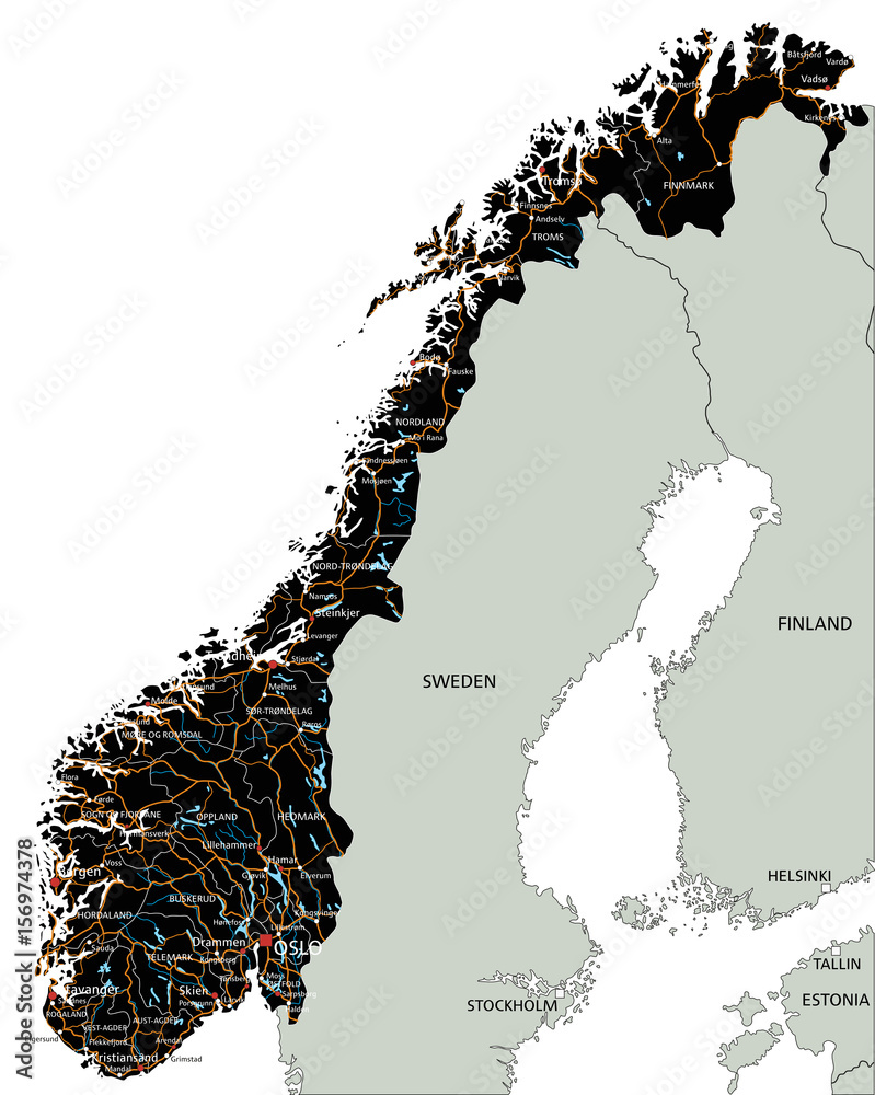 High detailed Norway road map with labeling. Stock Vector Adobe Stock