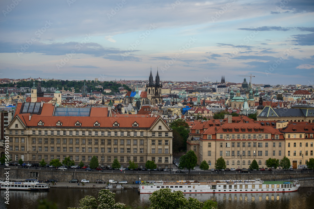 Panorama of Prague with Red Roofs from Above Summer Day at Dusk, View from the height