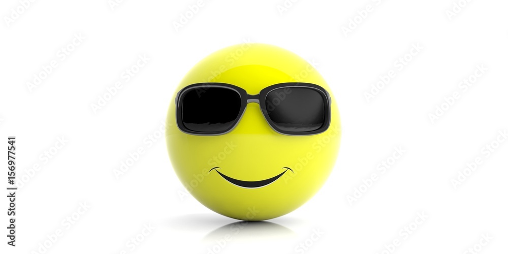 Yellow smiling emoji with sunglasses on white background. 3d illustration Yellow smiling emoji with sunglasses on white background. 3d illustration