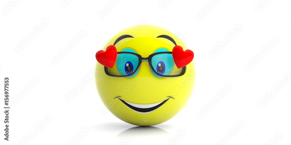 Yellow emoji with big smile and hearts on white background. 3d illustration