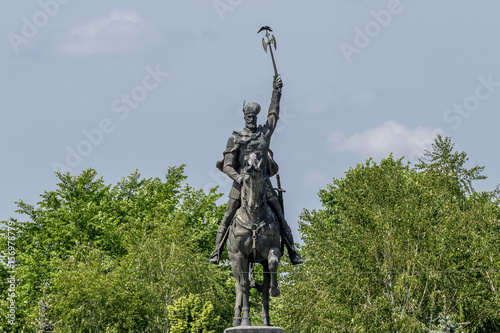 Equestrian statue of Mihai Viteazul, Michael the Brave, Craiova, Romania, on a sunny day photo