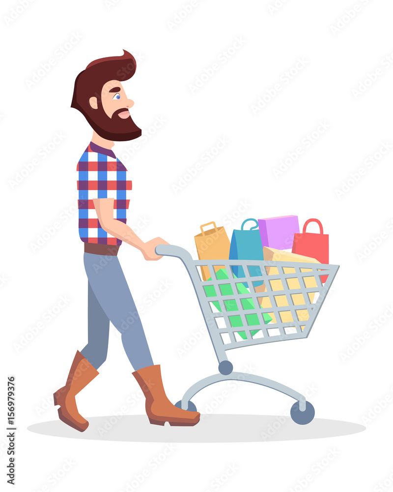 Hipster with Shopping Trolley Full of Goods Vector Hipster with Shopping Trolley Full of Goods Vector