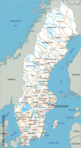 High detailed Sweden road map with labeling.