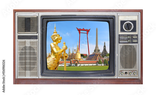 Retro television on white background with image of thailand on screen.