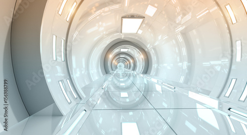 Bright futuristic spaceship corridor 3D rendering