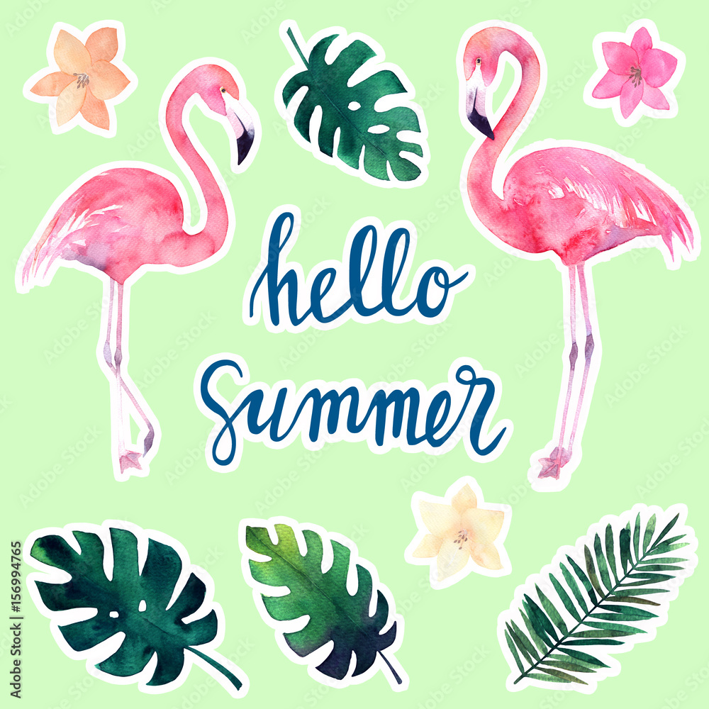 Fototapeta premium Watercolor set of stickers tropical leaves and flamingos