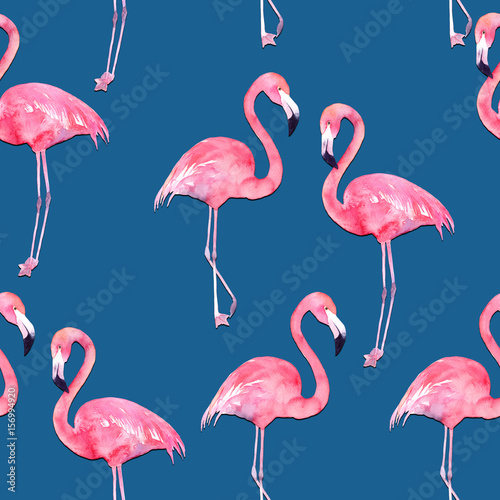 Watercolor seamless pattern with exotic flamingo on blue background. Summer d...
