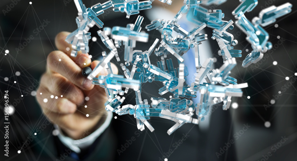 Businessman holding 3D rendering group of blue people Businessman holding 3D rendering group of blue people