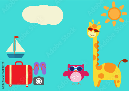 colorful giraffe owl  vector with sunglasses travel in summer set background
