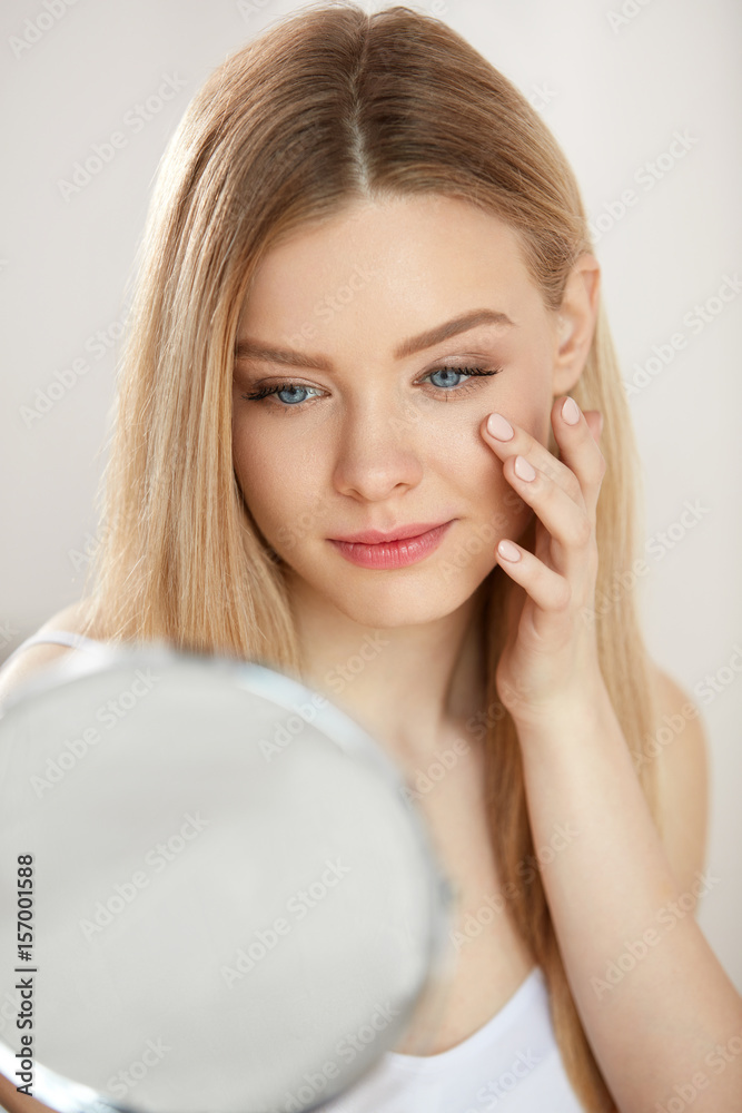 Beauty Face Care. Girl With Healthy Skin Looking In The Mirror Beauty Face Care. Girl With Healthy Skin Looking In The Mirror