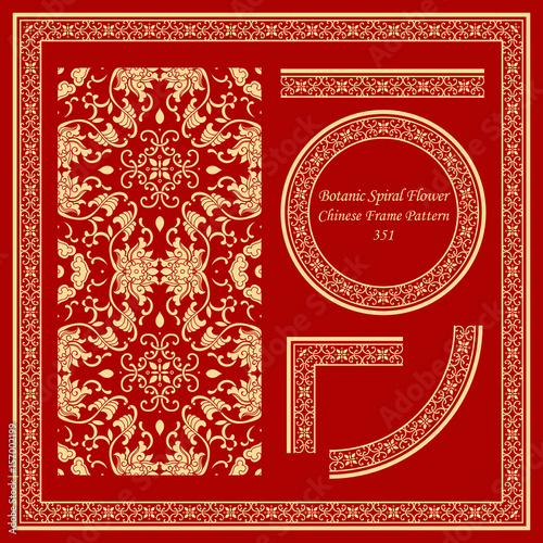 Vintage Chinese Frame Pattern Set botanic garden spiral vine leaf flower chintz