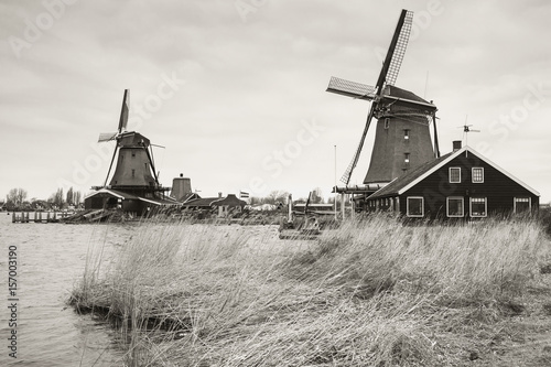 Windmills in Zaanse Schans town, retro