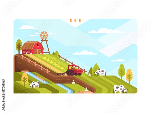 Agricultural farm with fields and livestock