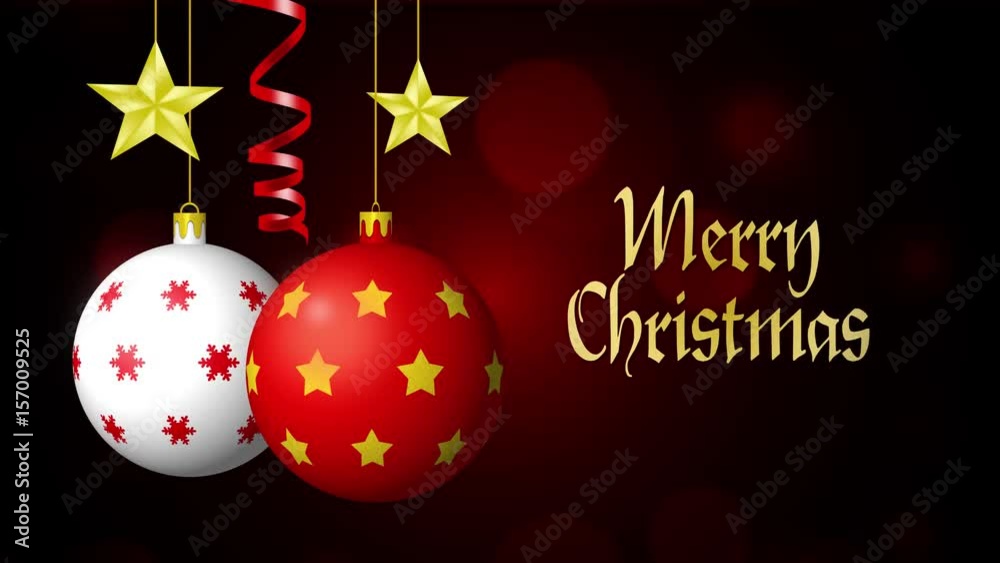 Merry Christmas. Balls, stars and serpentine on black background with bokeh 4K Merry Christmas. Balls, stars and serpentine on black background with bokeh 4K