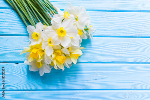Fototapeta Naklejka Na Ścianę i Meble -  Happy Mother’s Day or spring Easter background with fresh white and yellow daffodils (narcissuses) flowers close up on blue wooden planks. Copy space for text, top view, flat lay.
