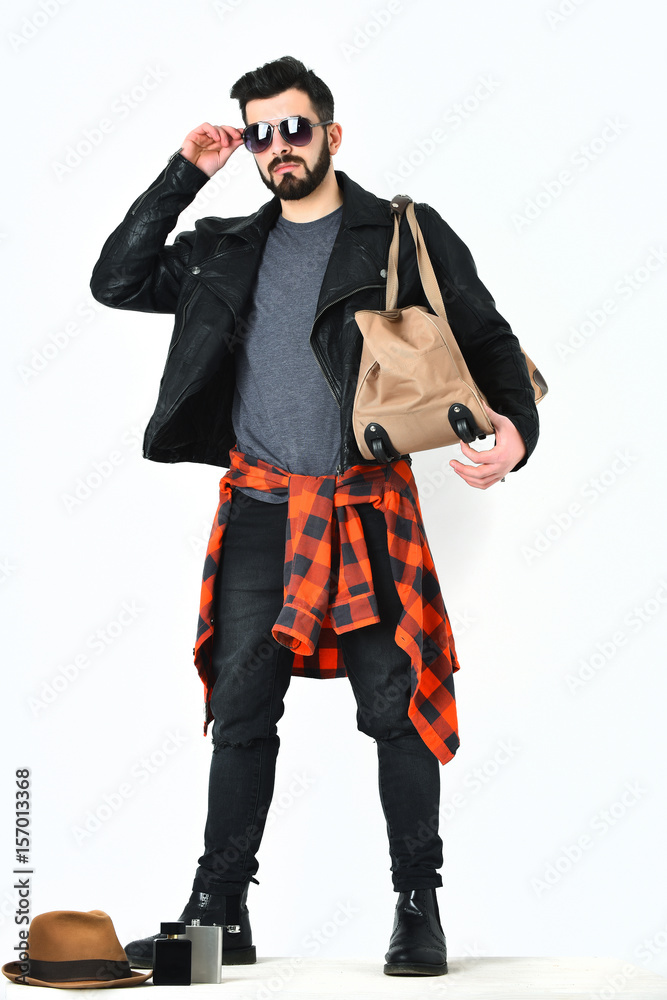 Bearded man, caucasian hipster with moustache holding stylish bag