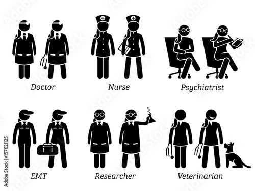 Healthcare Jobs, Works, and Occupations for Women. Artworks depict female doctor, nurse, woman psychiatrist, girl EMT, lady researcher, and female veterinarian.