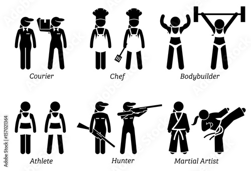 Jobs, Works, and Occupations for Women. Artworks depict lady courier worker, female chef, woman hunter, female athlete, bodybuilder, and girl martial artist.