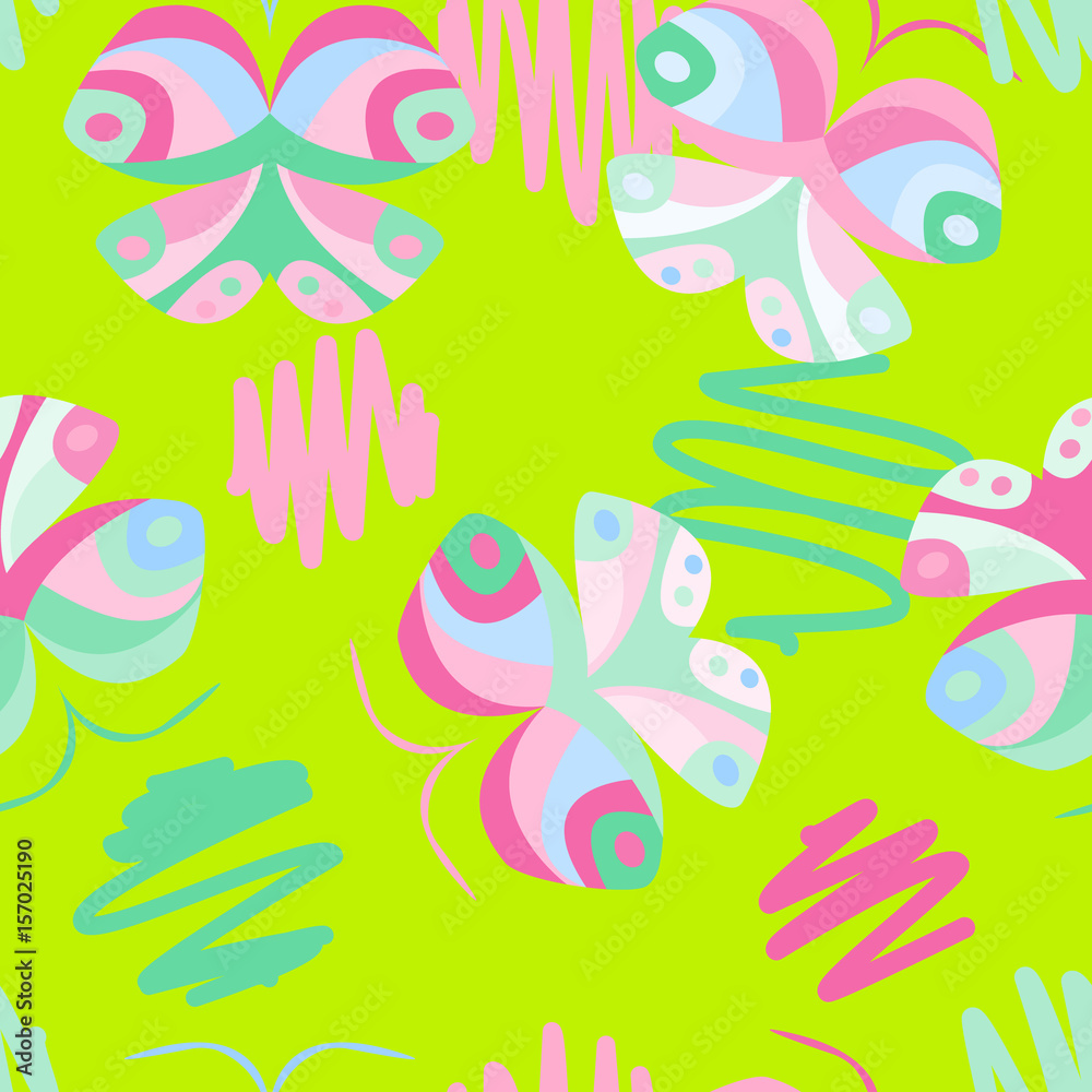 Cute colorful pattern with butterflies, vector. Good for children's goods, print on fabric, decor in a nursery, background, backdrop, gadgets and more