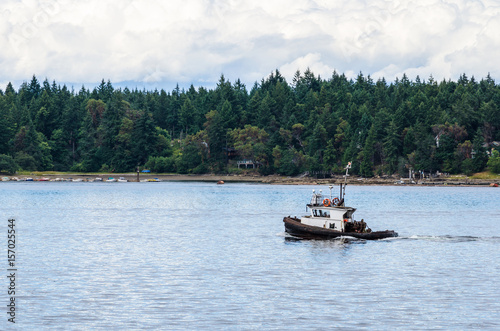 Lonely Small Tug Boat with a Wooded Shore in Background. Nanaimo Harbor, Canada.