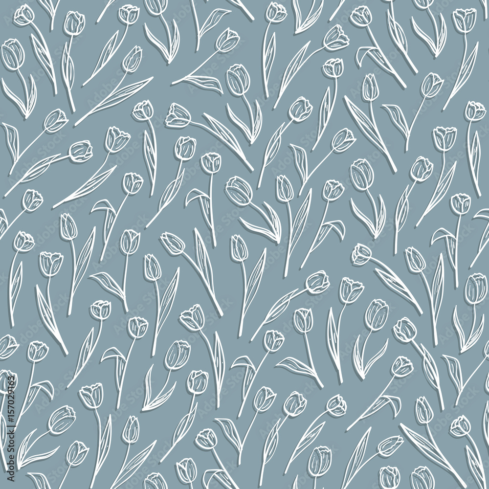 Seamless flower pattern. Hand drawn simple tulips. White and blue colors with shadow. Vector illustration. Seamless flower pattern. Hand drawn simple tulips. White and blue colors with shadow. Vector illustration.