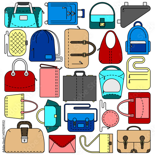 Square collage with different bags. Bright colors. Handbags, briefcase, duffel, backpack, suitcase, clutch, tote, beach, shopper bags etc. For advertising, t-shirt, decoration. Vector illustration.