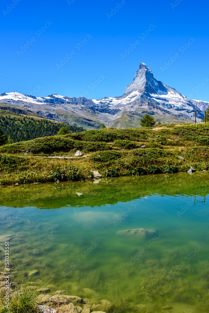 Lake Leisee with view to the Matterhorn mountain in beautiful landscape of the Alps at Zermatt, Switzerland Lake Leisee with view to the Matterhorn mountain in beautiful landscape of the Alps at Zermatt, Switzerland