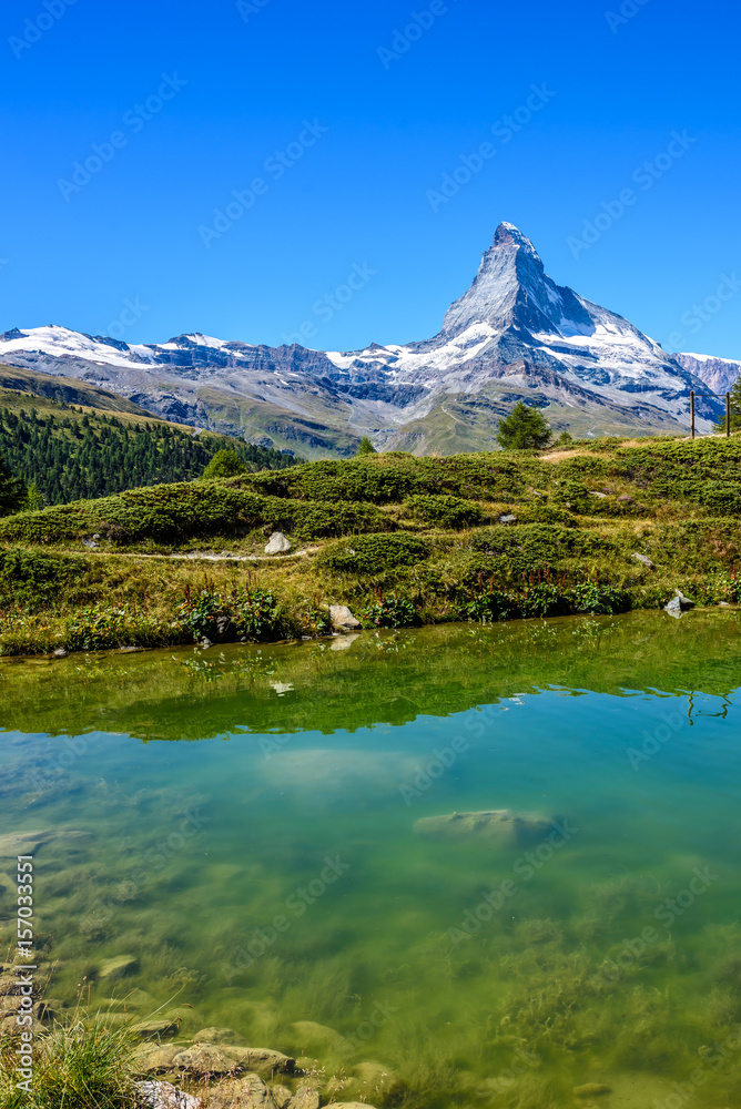 Lake Leisee with view to the Matterhorn mountain in beautiful landscape of the Alps at Zermatt, Switzerland