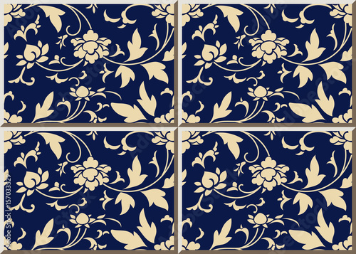 Ceramic tile pattern navy blue botanic garden flower vine chintz