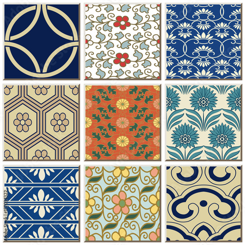 Oriental antique retro ceramic tile pattern combo collection set
