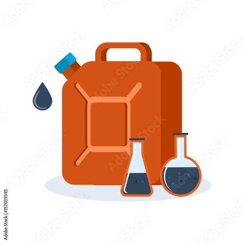 Red container for fuel filled with gasoline, an oil product.