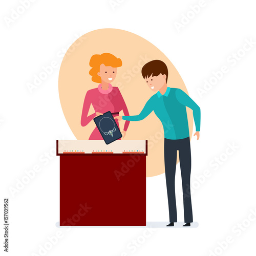 Seller of jeweler salon offers visitor jeweler ornament and consultation.