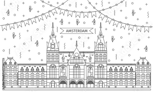 Rijksmuseum in Amsterdam. Vector ilustration of dutch castle in line style.