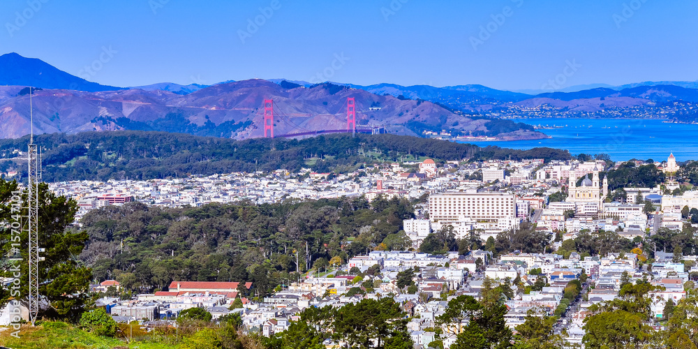 San Francisco, CA - Panoramic view from Twin Peaks, looking northwest, with Golden Gate bridge in background.