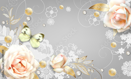 White roses and a butterfly .Size ledger horizontal.Romantic background