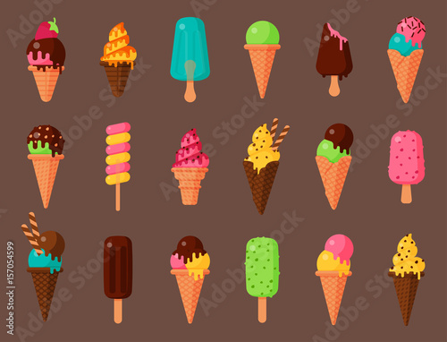 Sweet cartoon cold ice cream set and tasty frozen icecream collection vector delicious colorful desserts