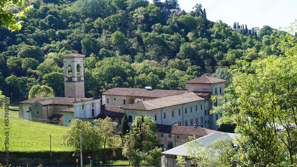 View of Astino Abbey and the Church of Santo Sepulchro, Monastero di Astino e Chiesa del Santo Sepolcro, Bergamo, Italy