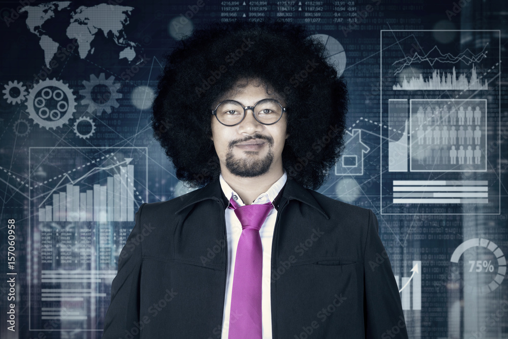 Afro man looks confident with virtual screen Afro man looks confident with virtual screen