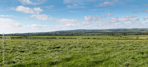 Wide panoramic view of green fields with blue cloudy skies